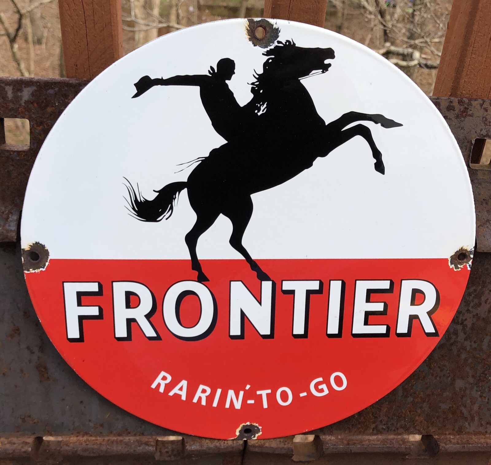 VINTAGE FRONTIER GASOLINE PORCELAIN ENAMEL GAS PUMP SIGN “RARIN’ TO GO”