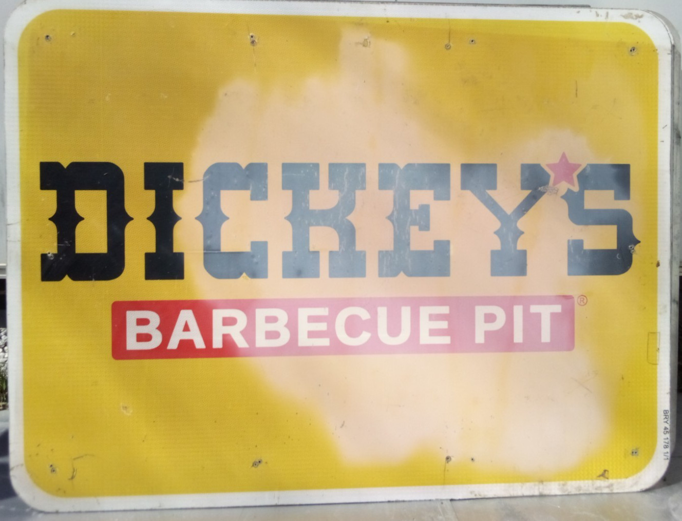 AUTHENTIC RETIRED ADVERTISING HWY EXIT SIGN DICKEY’S BBQ RON HOOVER RV 48X36 A11