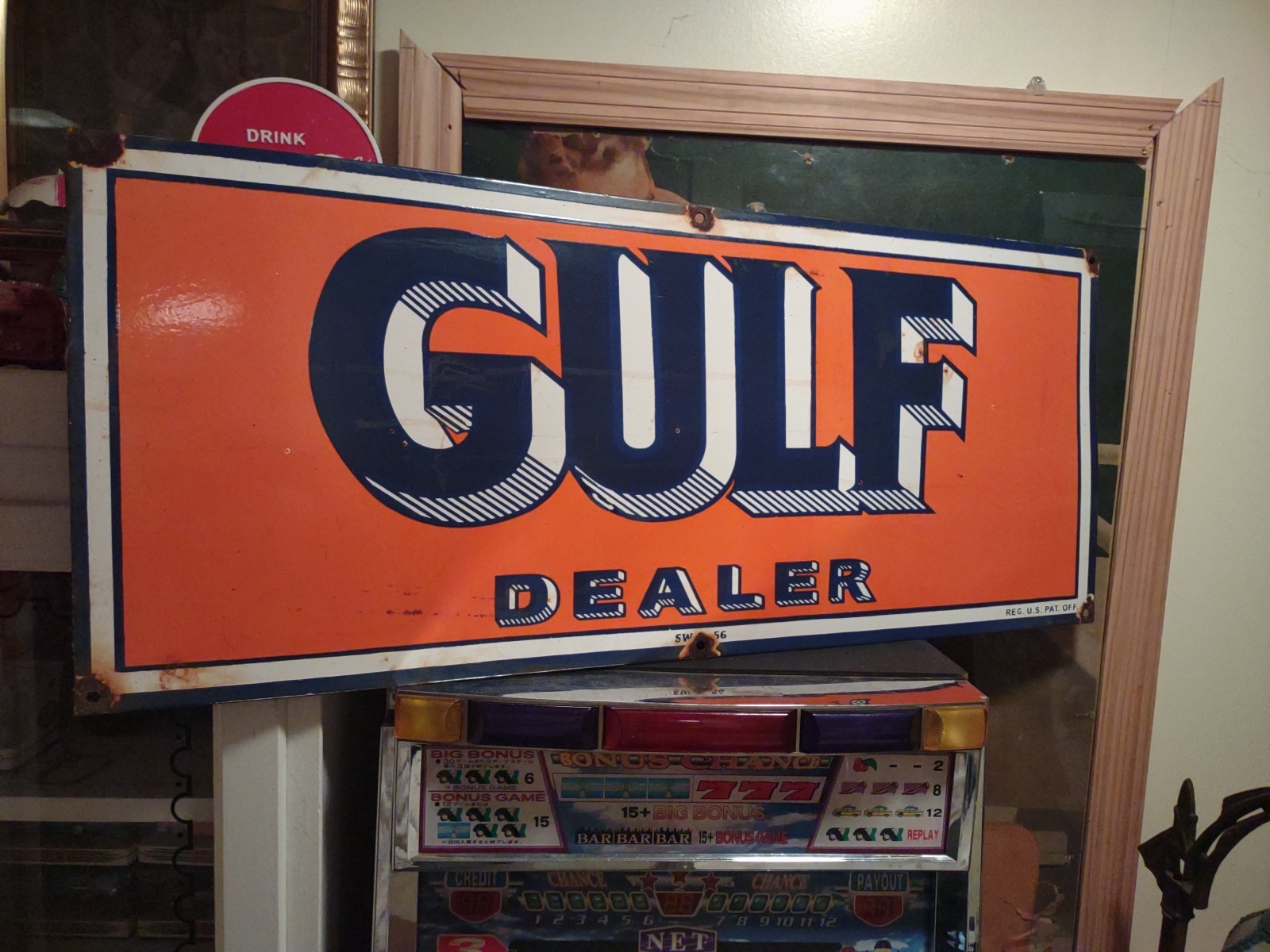 LARGE VINTAGE GULF MOTOR OIL PORCELAIN GAS OIL SERVICE STATION DEALER SIGN 3FT