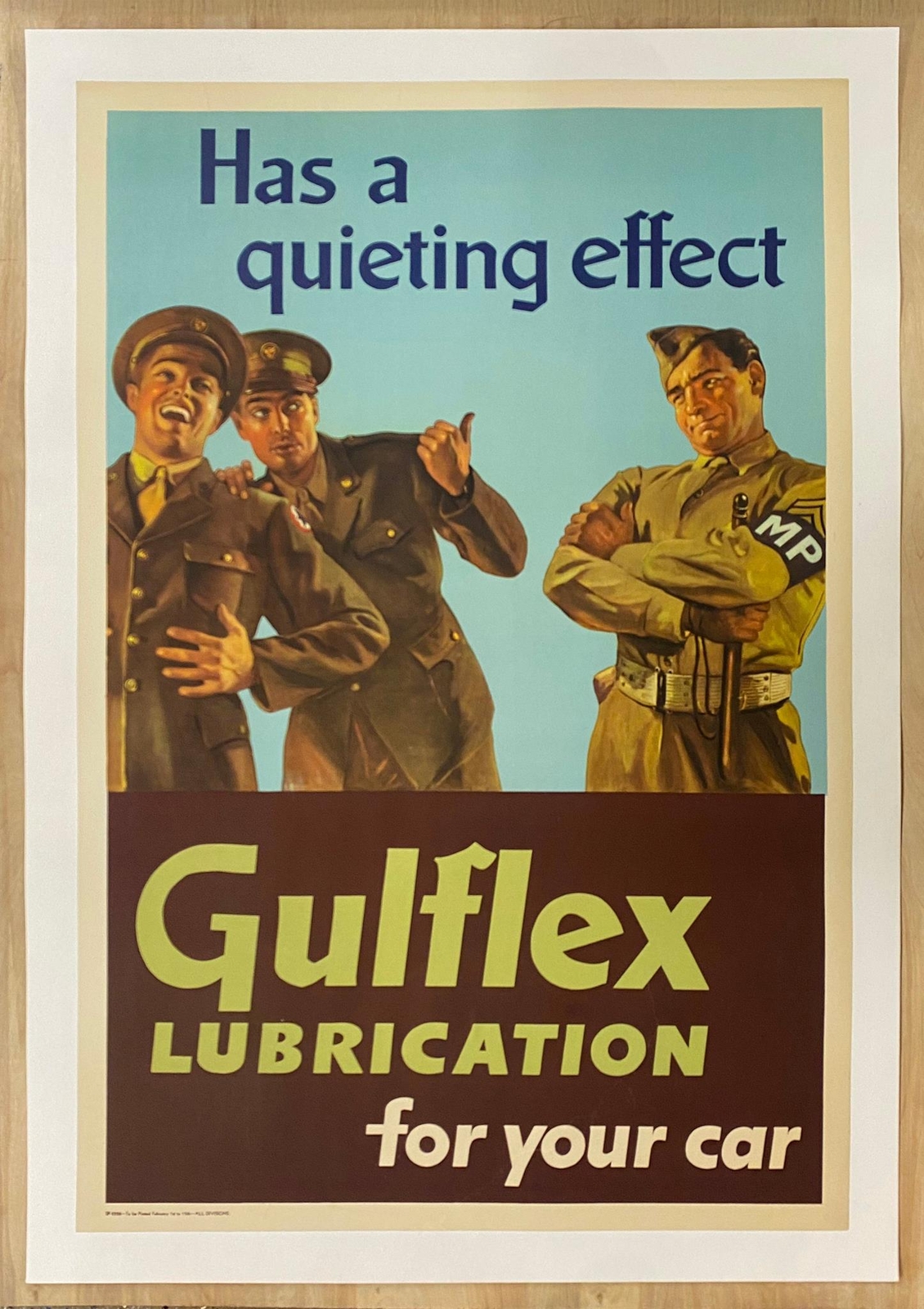 c.1945 Gulflex Lubrication Has A Quieting Effect Poster Gulf Oil WWII Original