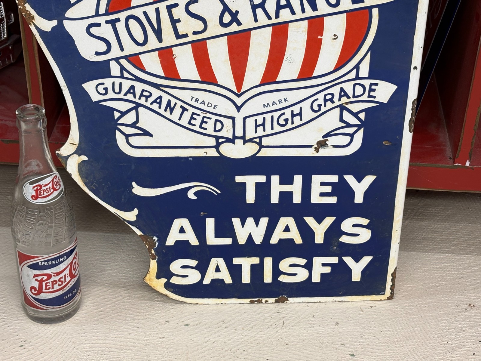ORIGINAL 1930’s/1940’s (NATIONAL STOVES & RANGES) PORCELAIN FLANGE SIGN, RARE