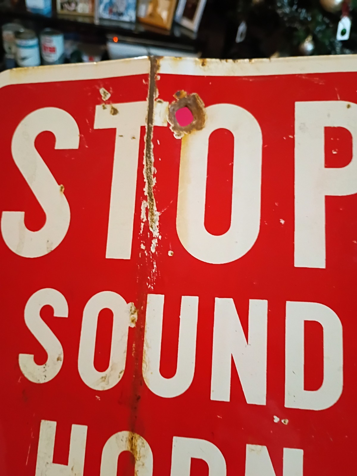 Vertical STOP Sound Horn Proceed Slowly Vintage Porcelain Sign Original Gas Oil