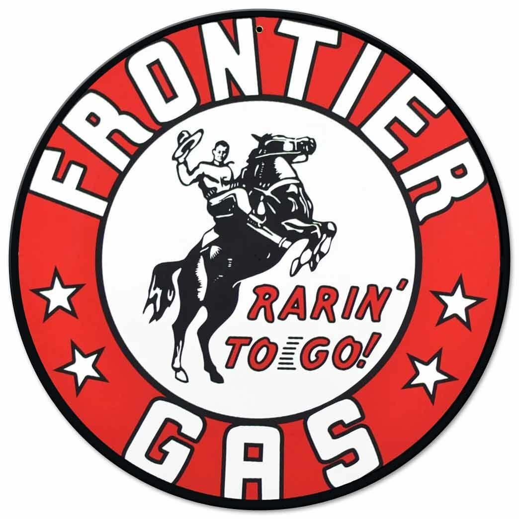 FRONTIER GAS COWBOY ON HORSE 14″ ROUND HEAVY DUTY USA MADE METAL GAS ADV SIGN