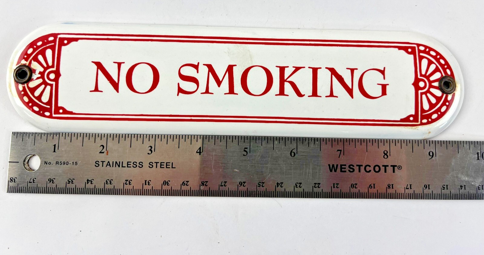 Vintage ~ Porcelain Enamel Sign ~ No Smoking 10″ x 2 1/2″ ~ Red letters