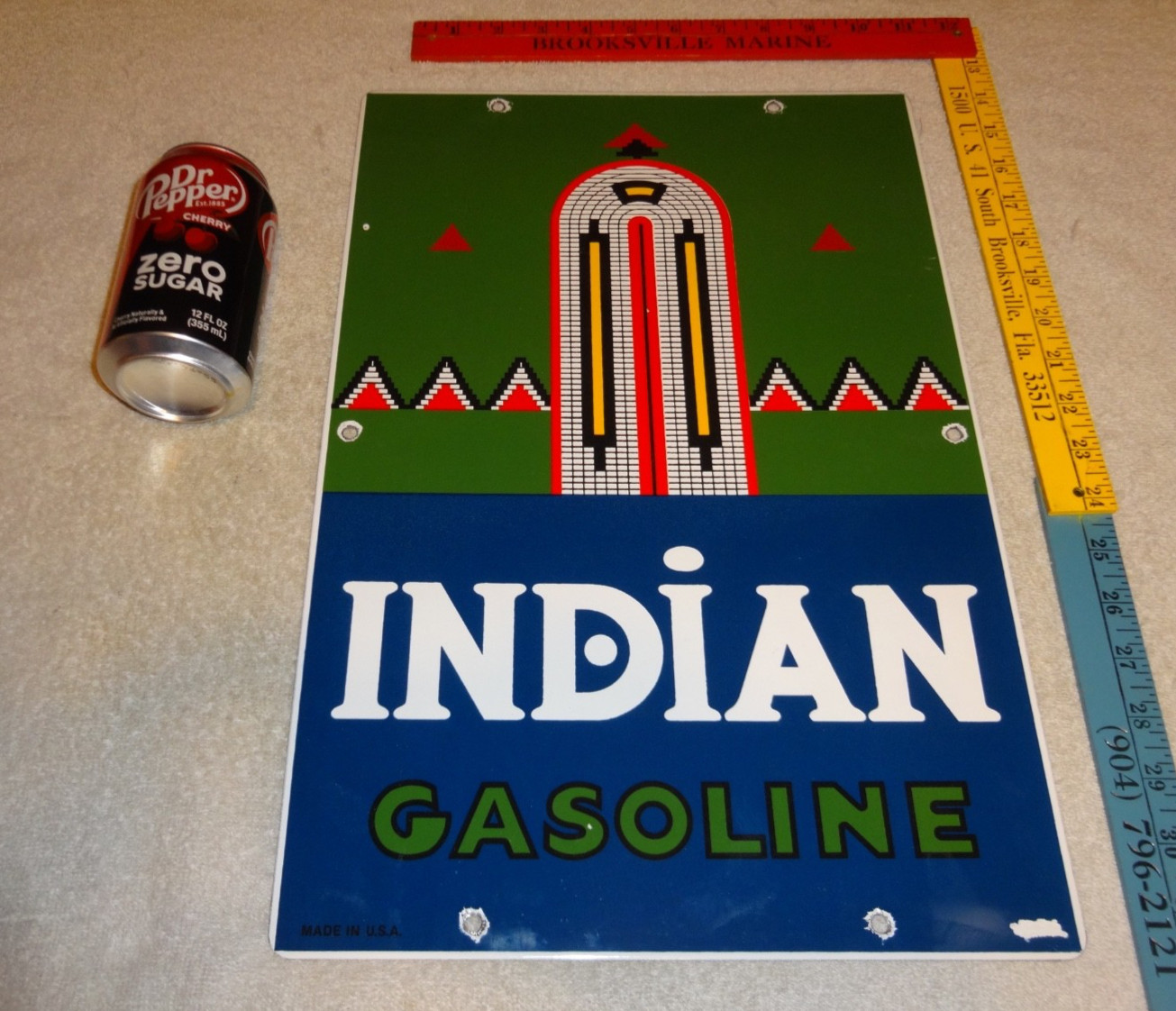 VINTAGE INDIAN GASOLINE 18″ PORCELAIN METAL MOTORCYCLE GAS & OIL PUMP PLATE SIGN