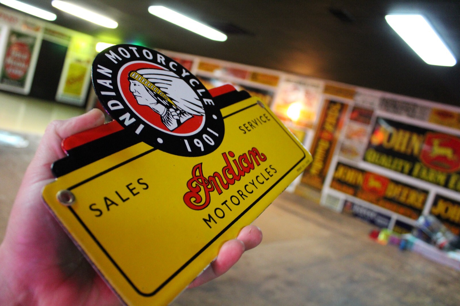 INDIAN MOTORCYCLE DEALER SALES SERVICE PORCEALIN METAL SIGN HARLEY GAS OIL FORD