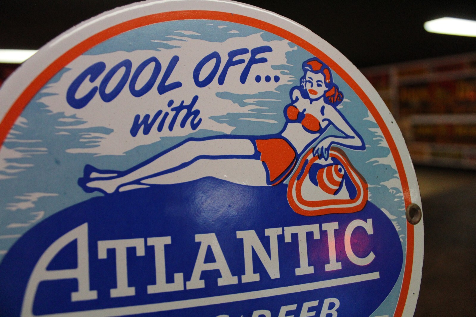 RARE ATLANTIC ALE BEER DEALER PORCELAIN METAL SIGN SWIMSUIT GIRL BEACH MAINE
