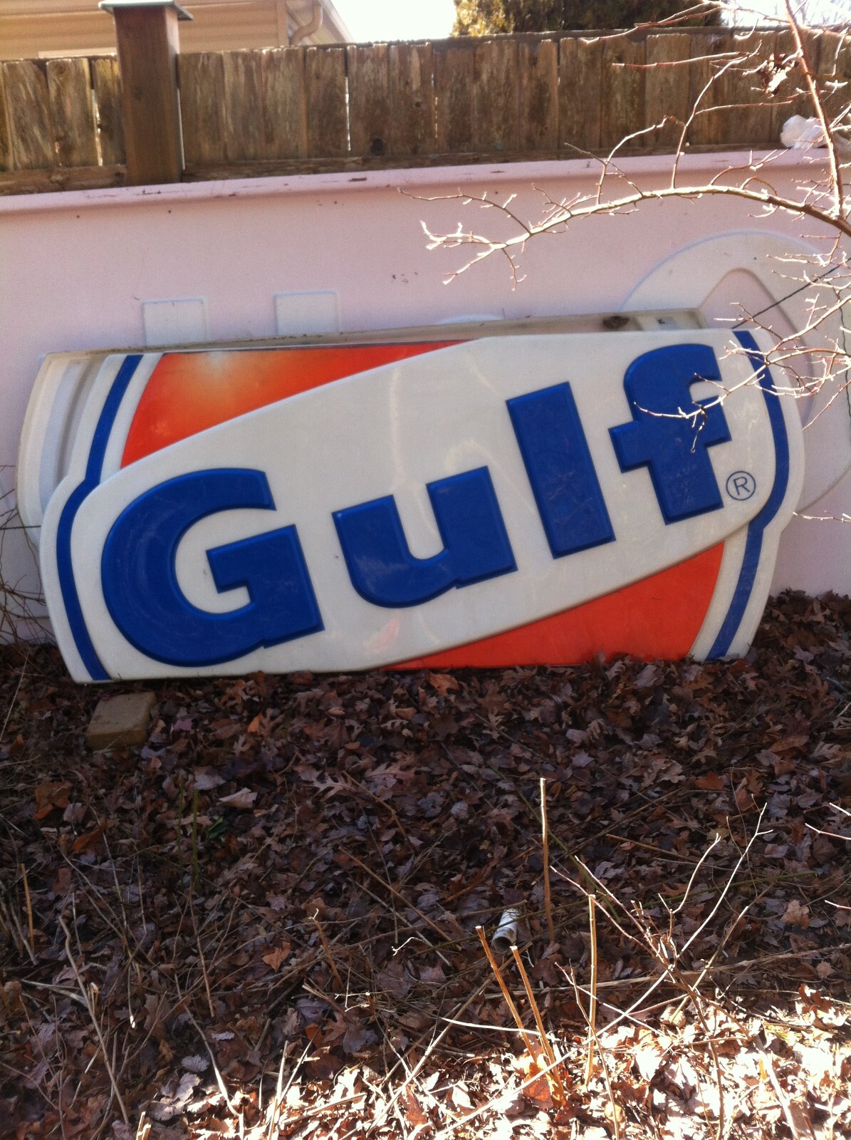 VINTAGE GULF EMBOSSED PLASTIC GAS SIGN APP. 7′ X 3′