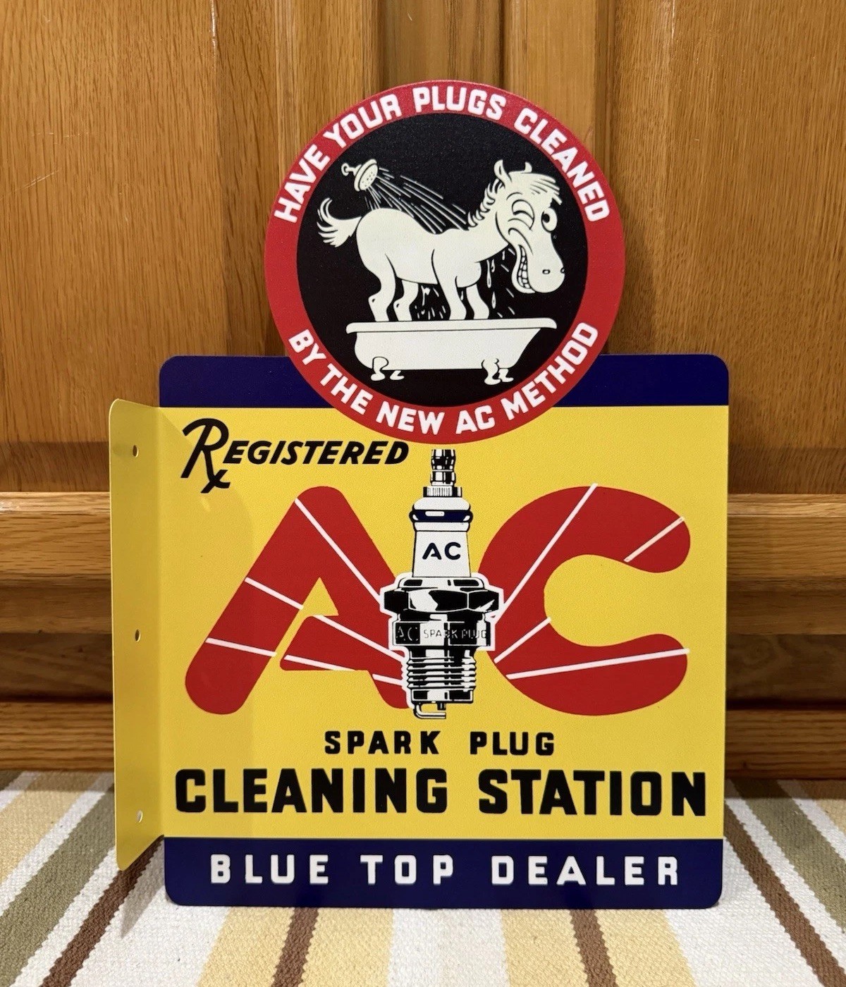 AC Spark Plug Flange Sign Metal Double Sided Sparky Vintage Style Wall Decor