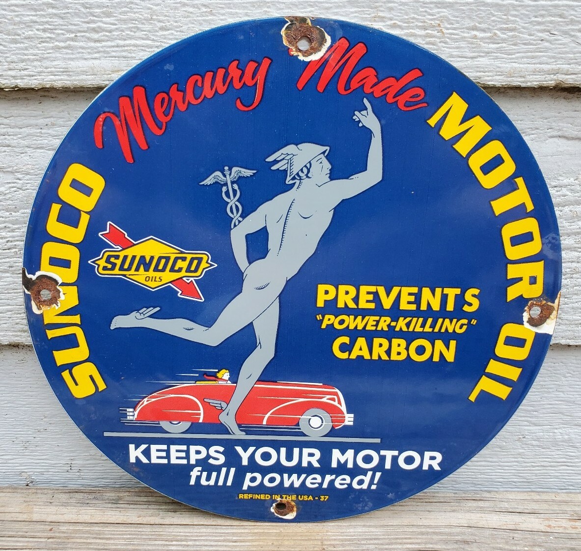 OLD SUNOCO MERCURY MADE MOTOR OIL PORCELAIN ENAMEL GAS PUMP STATION SIGN