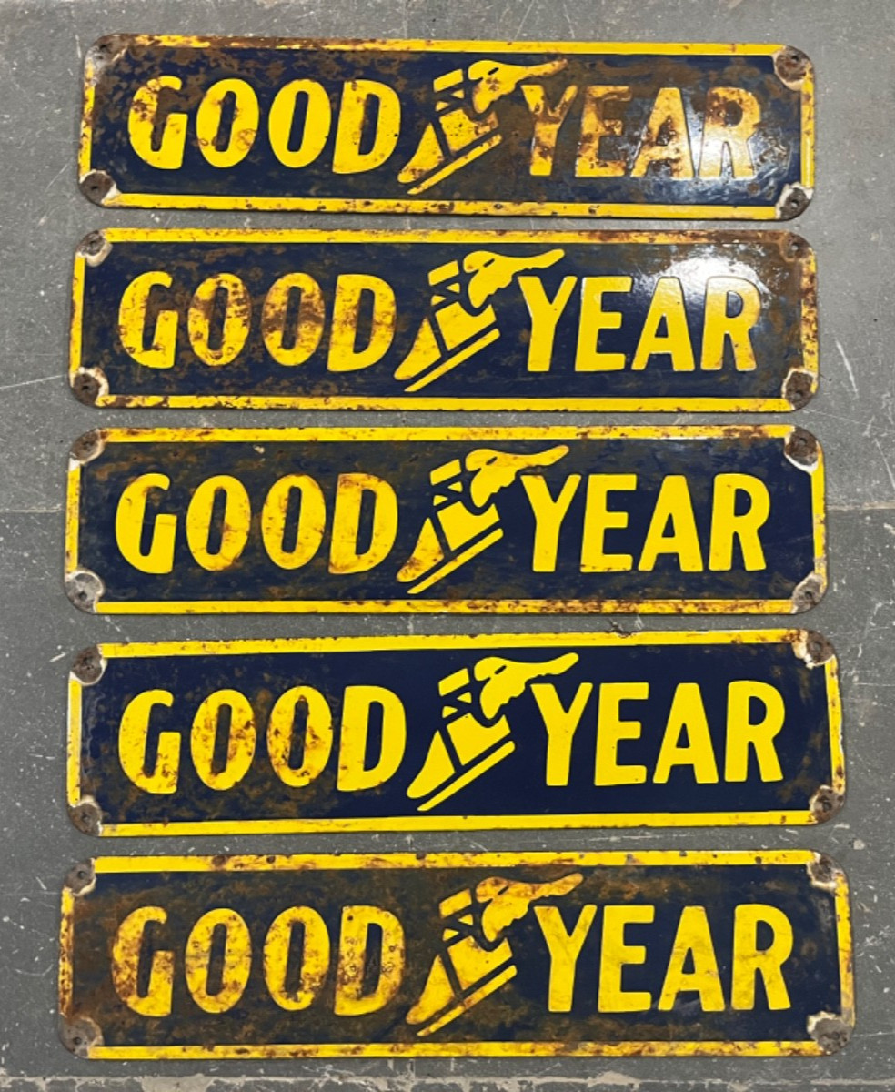 Lot of 5 Vintage Goodyear Tires Gas & Oil Porcelain Enamel Sign 24×6″