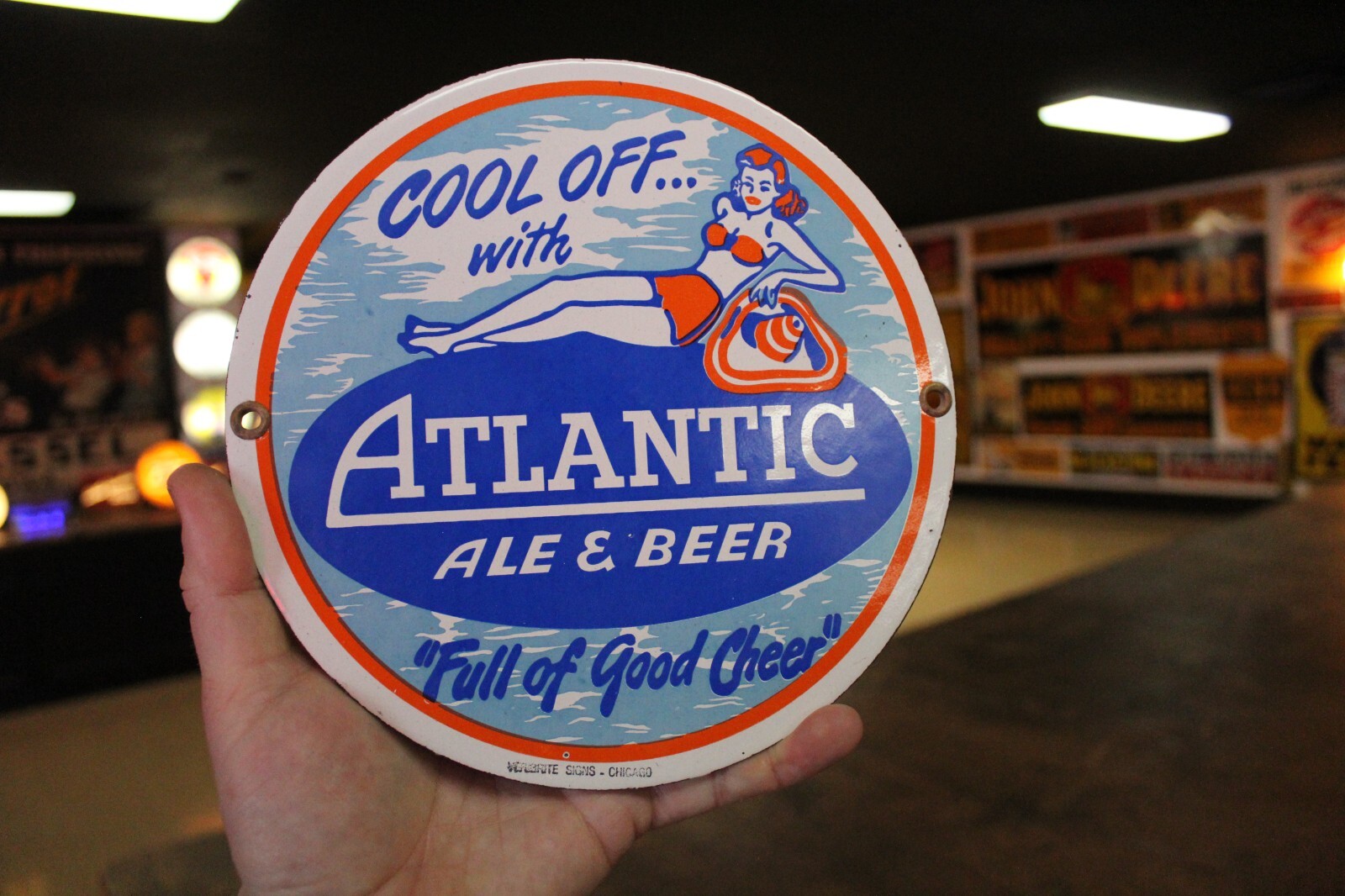 RARE ATLANTIC ALE BEER DEALER PORCELAIN METAL SIGN SWIMSUIT GIRL BEACH MAINE