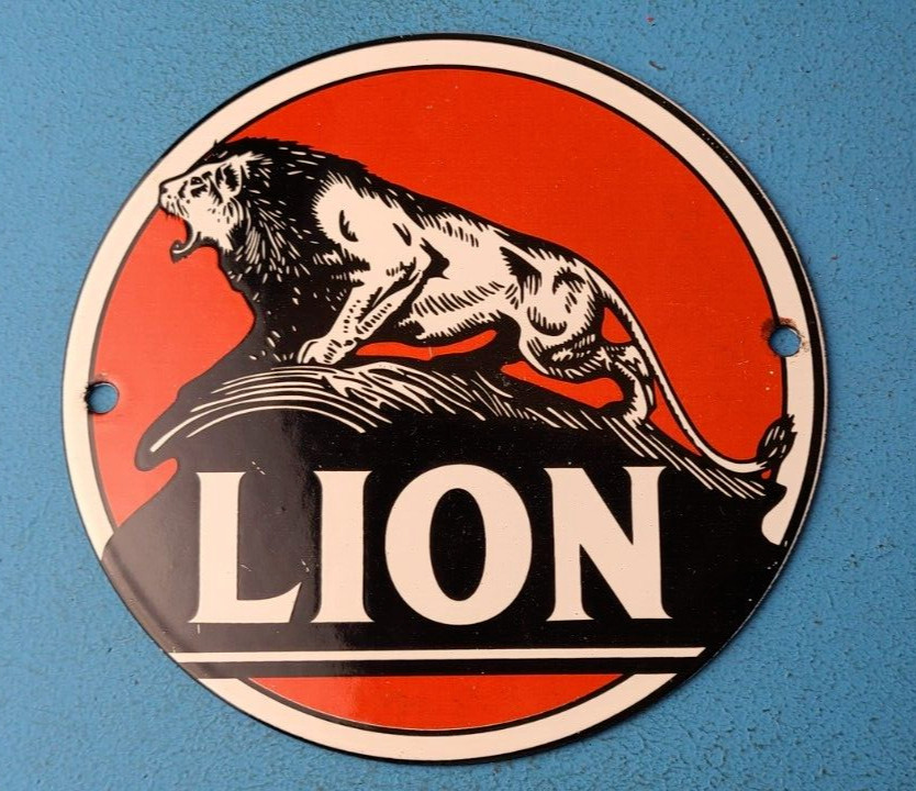 Vintage Lion Gasoline Sign – Motor Gas Service Station Pump Plate Porcelain Sign