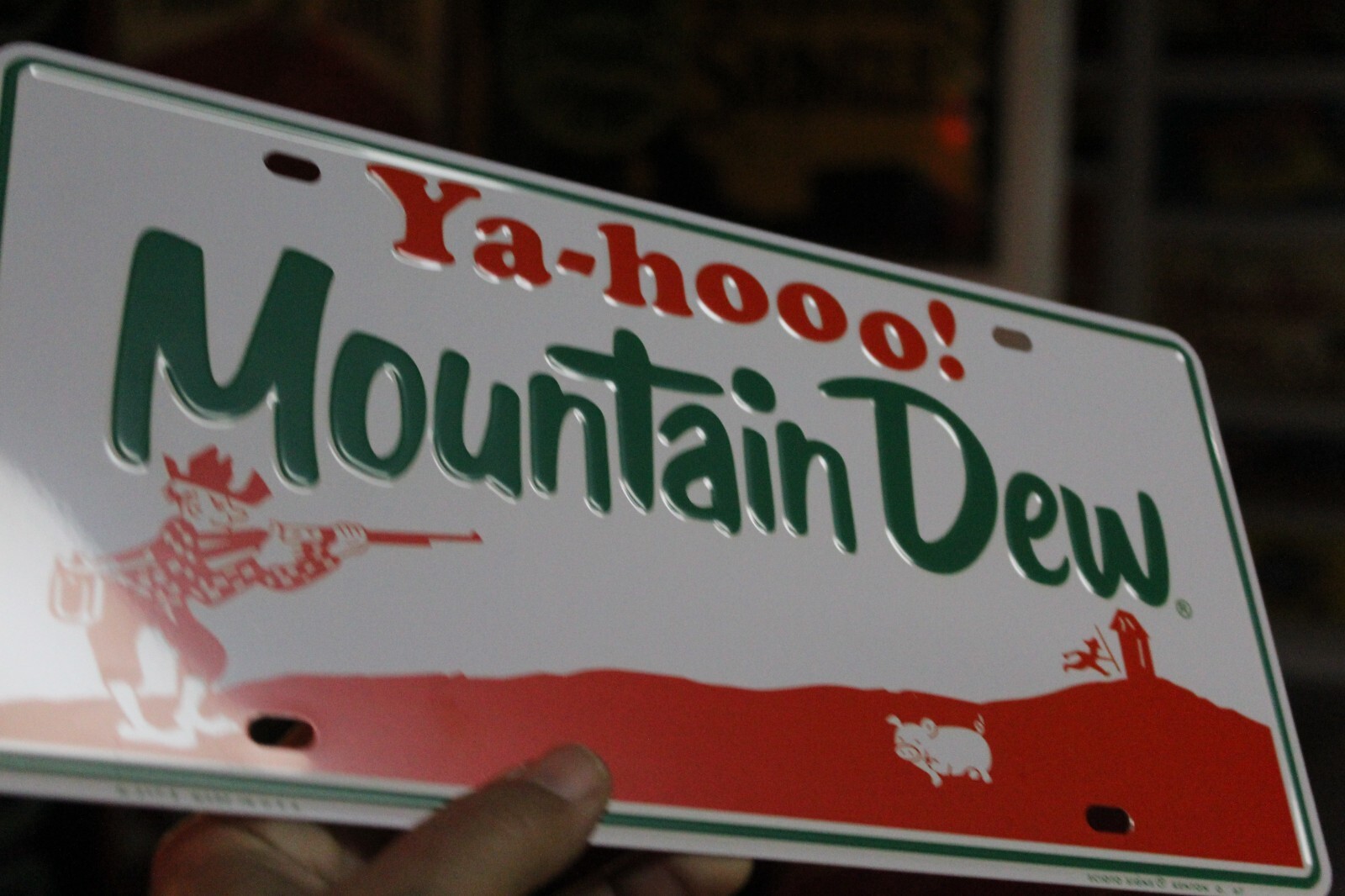 MOUNTAIN DEW SODA POP EMBOSSED METAL SIGN BOTTLE COKE FOUNTAIN GARAGE HILLBILLY