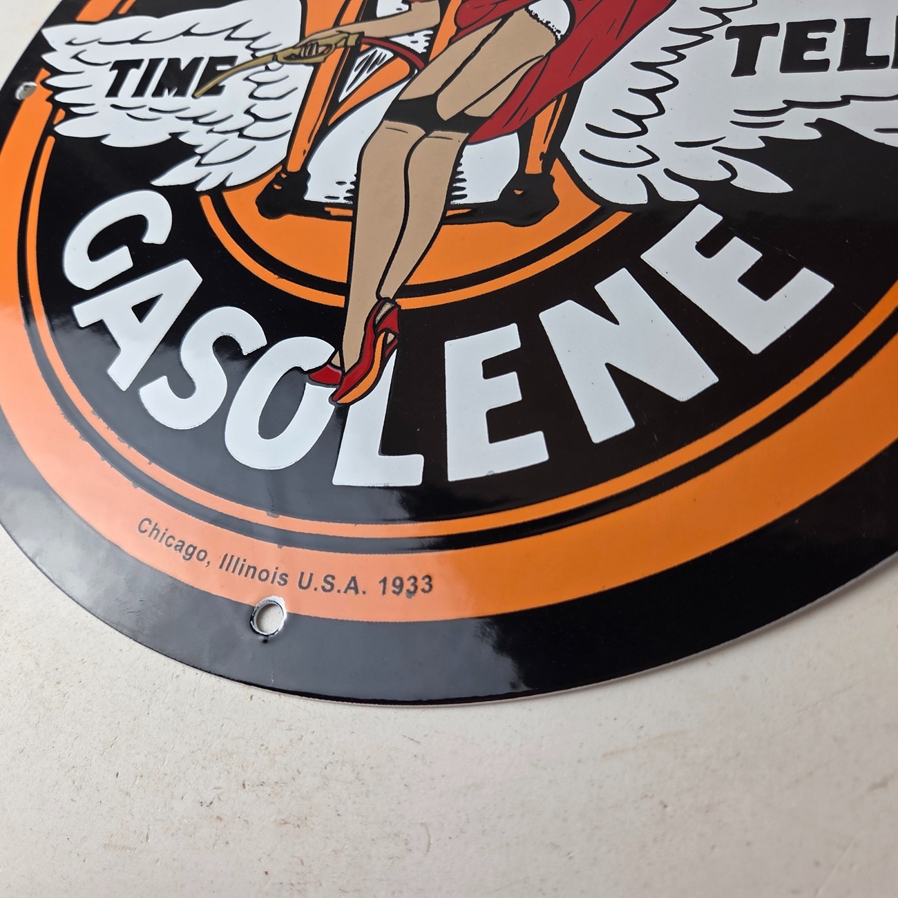 Vintage Johnson Gasoline Sign – Time Tells Gas Oil Pump Plate Porcelain Sign