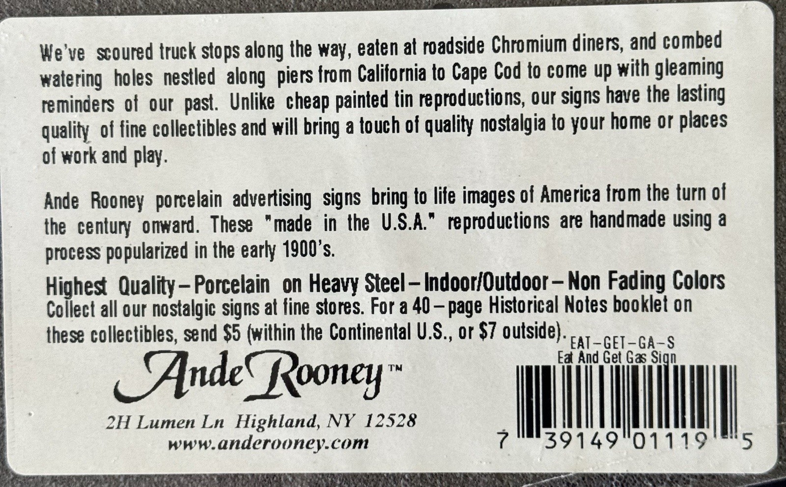 Vintage Ande Rooney Porcelain Sign Smiley’s Rest Stop 1996 Eat & Get Gas – NEW