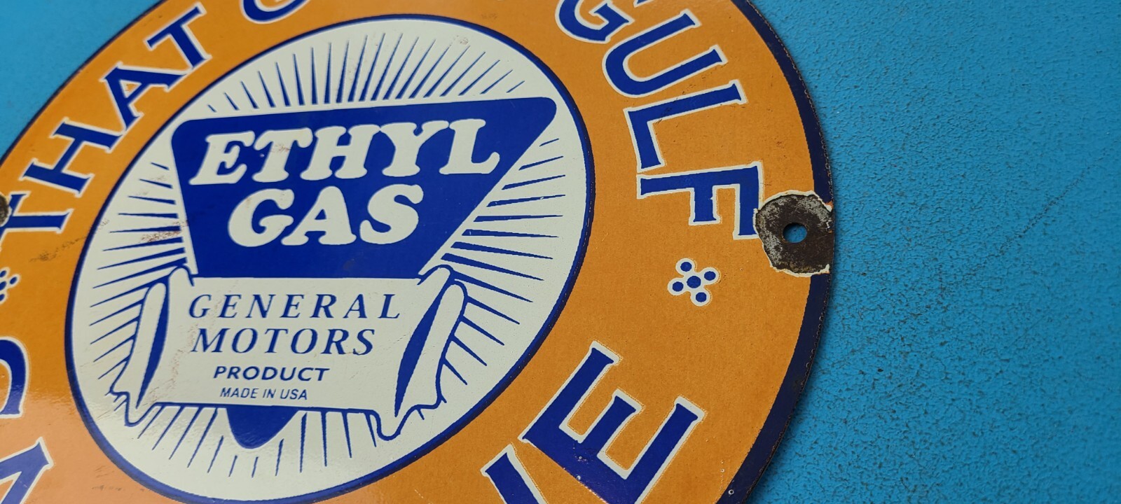 VINTAGE GULF GASOLINE PORCELAIN ETHYL GAS SERVICE STATION GENERAL MOTORS SIGN