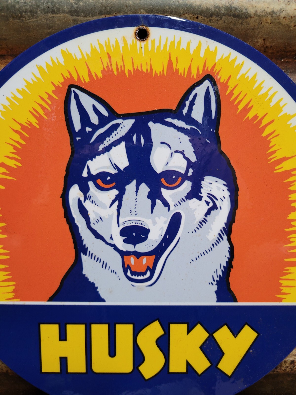 VINTAGE HUSKY PORCELAIN SIGN MOTOR OIL GASOLINE COMPANY AUTO SERVICE SLED DOG