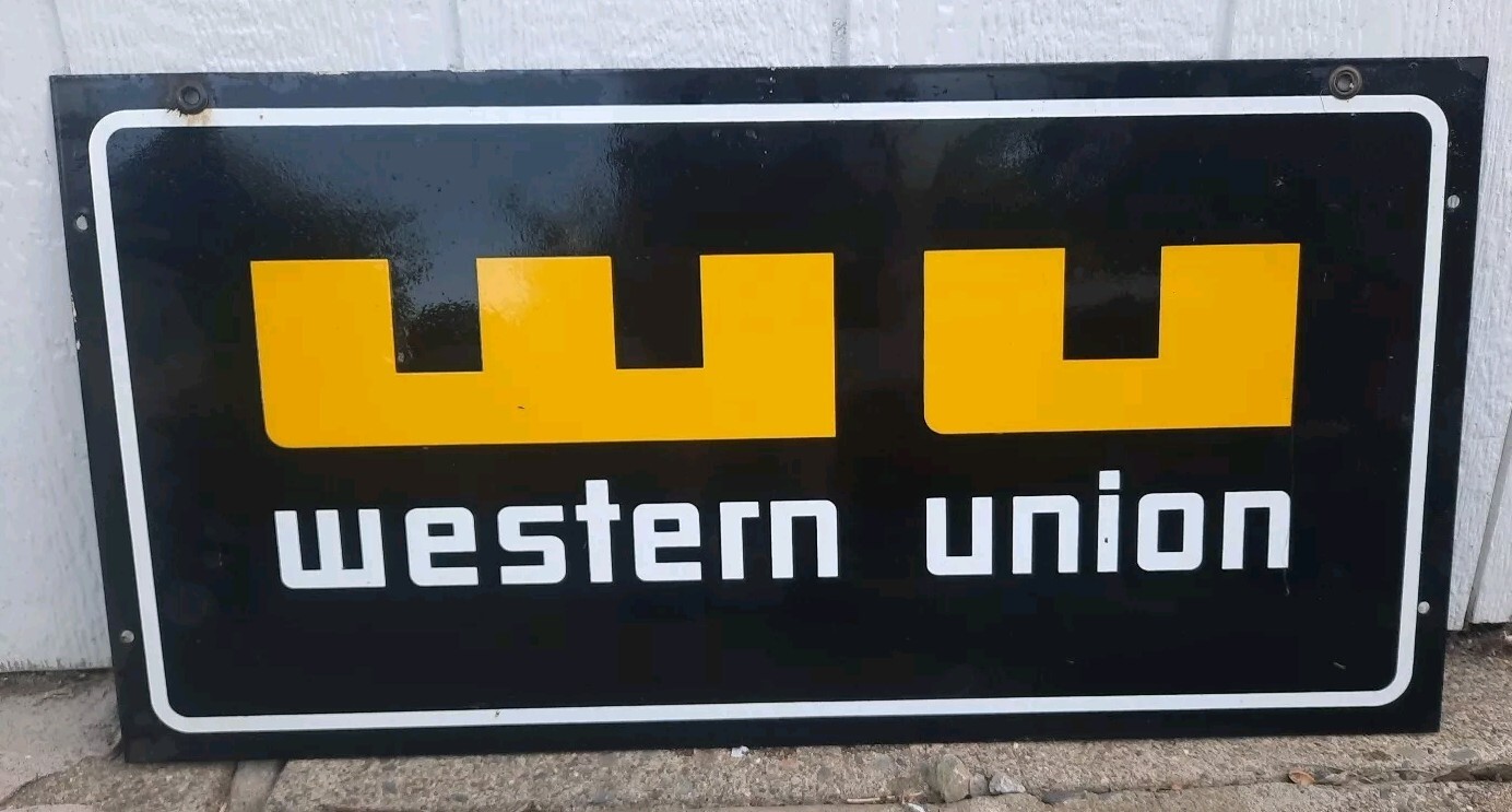 AUTHENTIC & ORIGINAL WESTERN UNION 30 X 15 INCH DOUBLE SIDED PORCELAIN SIGN