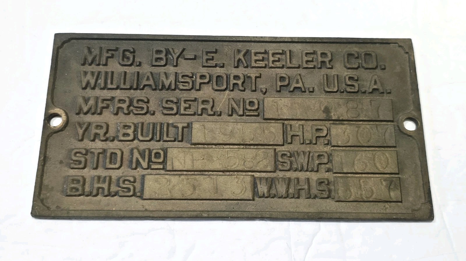 Vintage 1955 E Keeler Co. Williamsport PA Water Tube Boiler Brass Sign Plaque