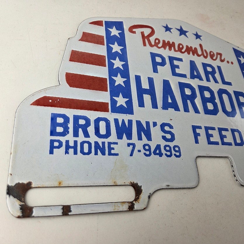 Vintage Pearl Harbor License Plate Topper – Feed Sign Ad on Automobile Topper
