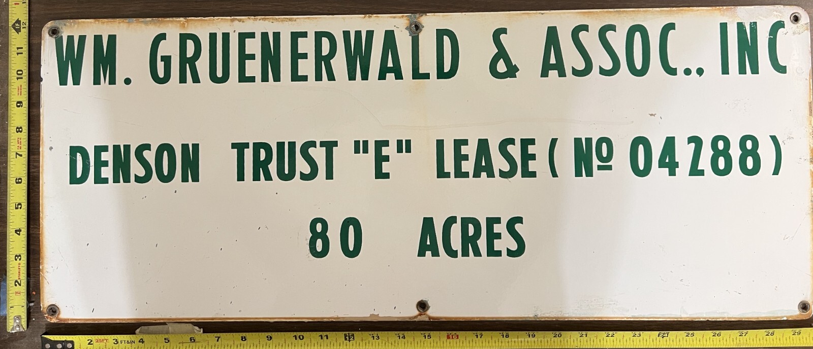 Vintage Porcelain Oil Field Sign – Wm. Gruenerwald & Assoc. Inc. Denson Trust