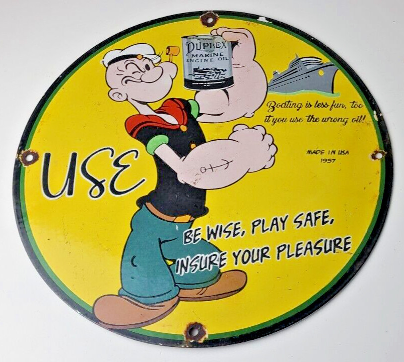 Vintage Duplex Marine Oil Sign – Popeye Gas Service Display Ad Porcelain Sign