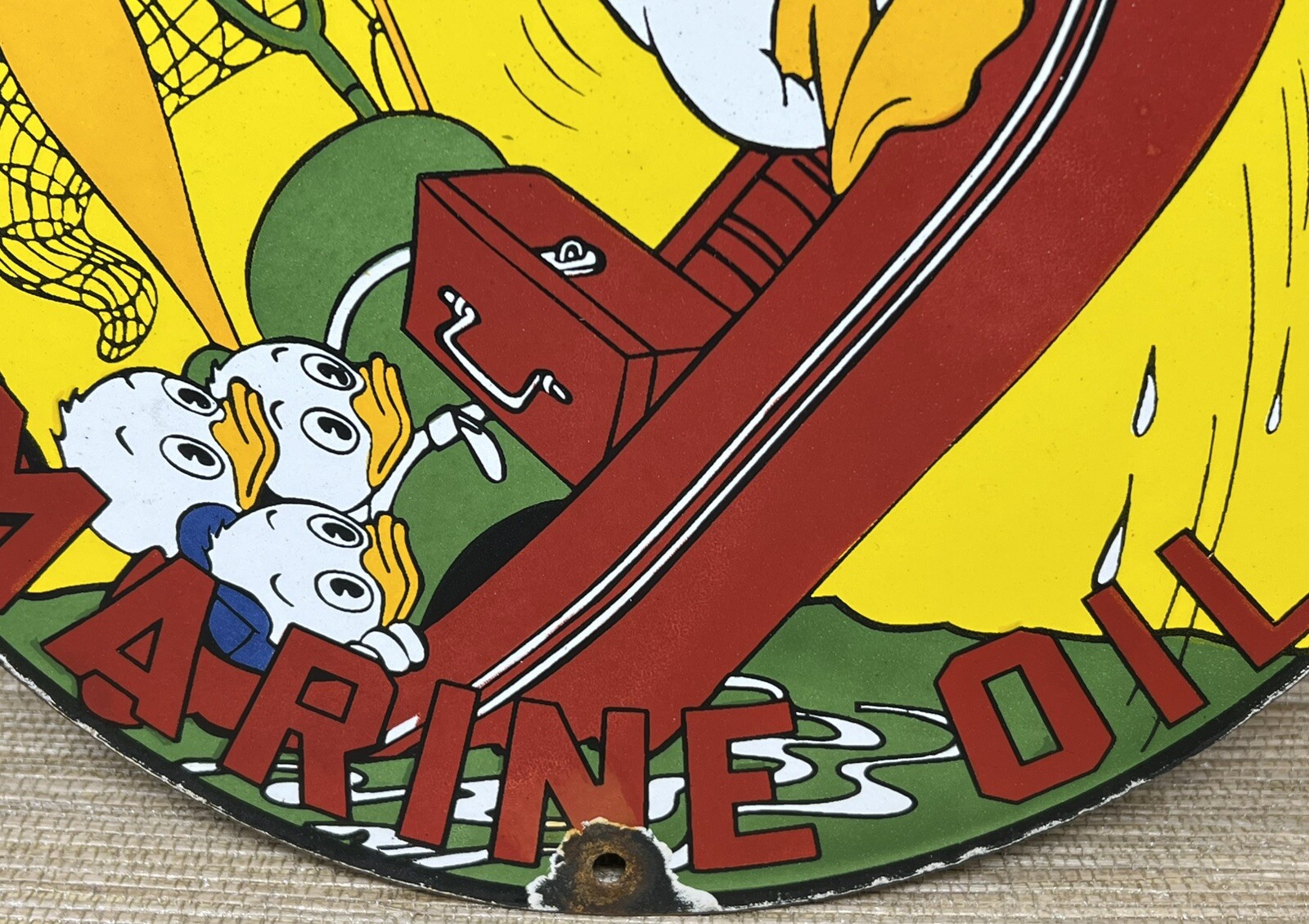 VINTAGE EMPIRE MARINE MOTOR OIL PORCELAIN SIGN GAS STATION DISNEY DONALD DUCK