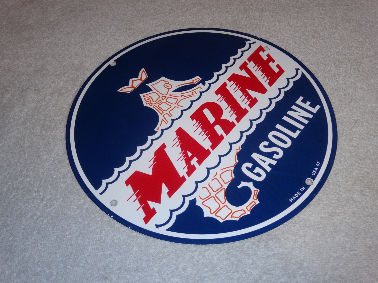 VINTAGE 1957 MARINE GASOLINE EVINRUDE JOHNSON OUTBOARD BOAT MOTOR PORCELAIN SIGN