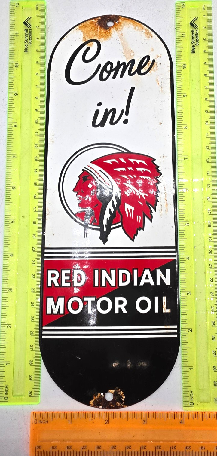 RED INDIAN MOTOR OIL 12″ VINTAGE Gas Pump Service Station Dealer Porcelain Sign