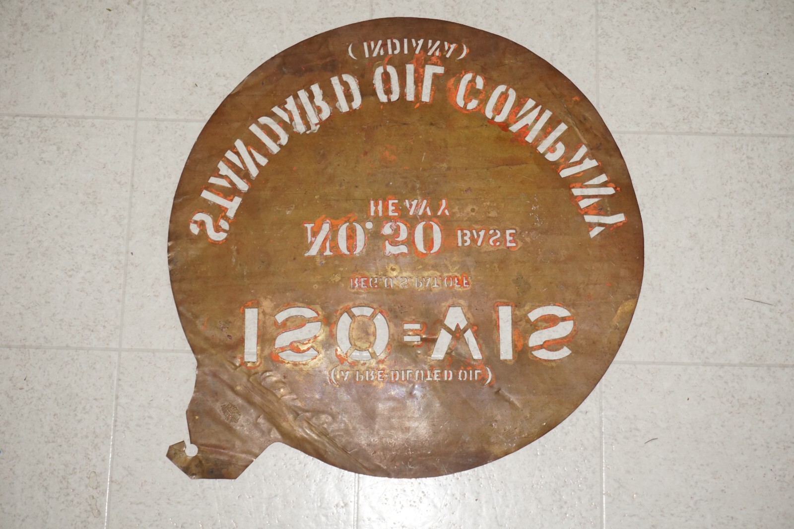 ANTIQUE Standard OILS PIERCED COPPER STENCIL ADVERTISING SIGN BARREL Primitive