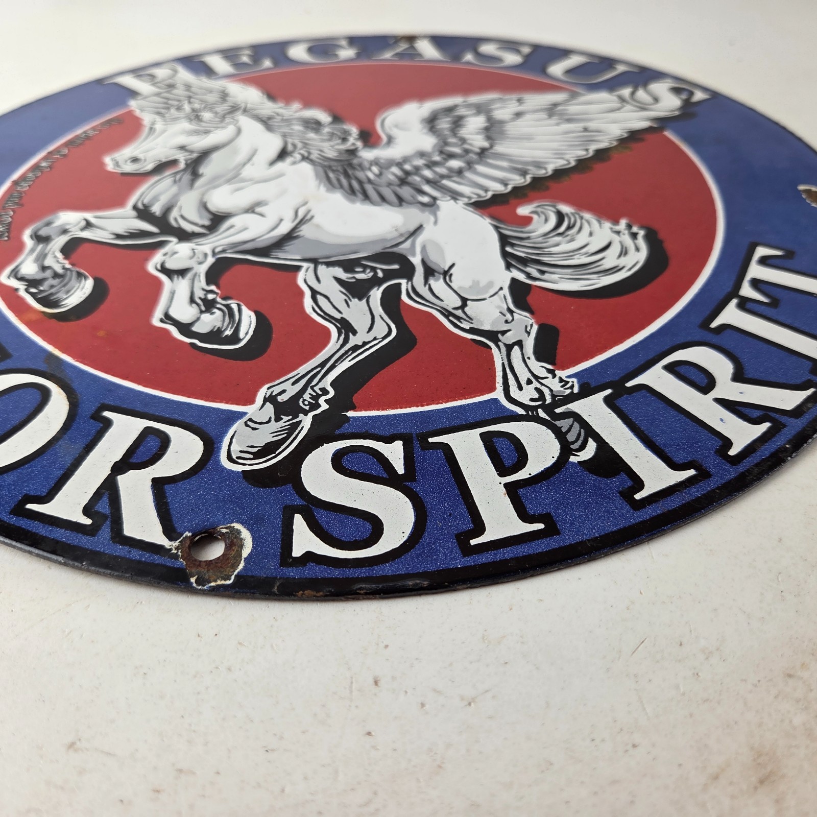 Vintage Pegasus Sign – Gas Pump Station Motor Spirit Porcelain Ad Wall Sign