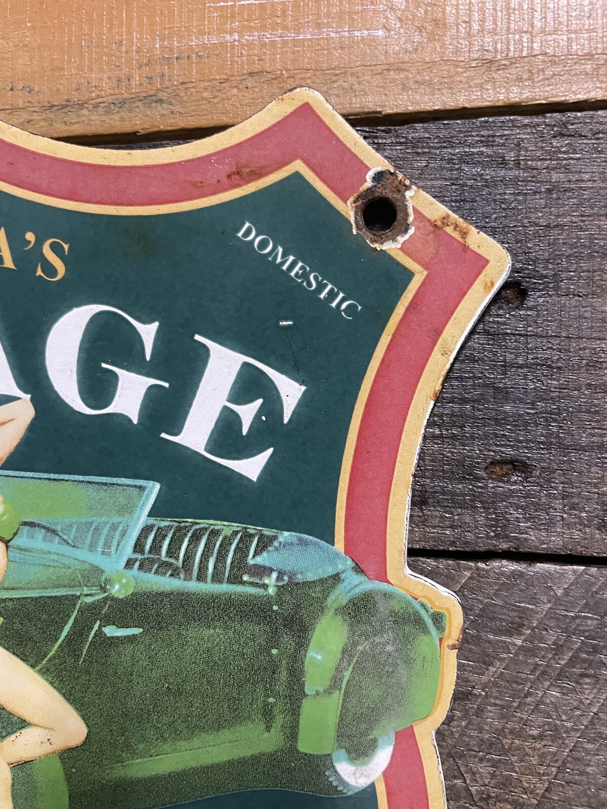 VINTAGE PENNZOIL PORCELAIN SHIELD SIGN VICTORIAS GAS & OIL GARAGE SERVICE WOMAN