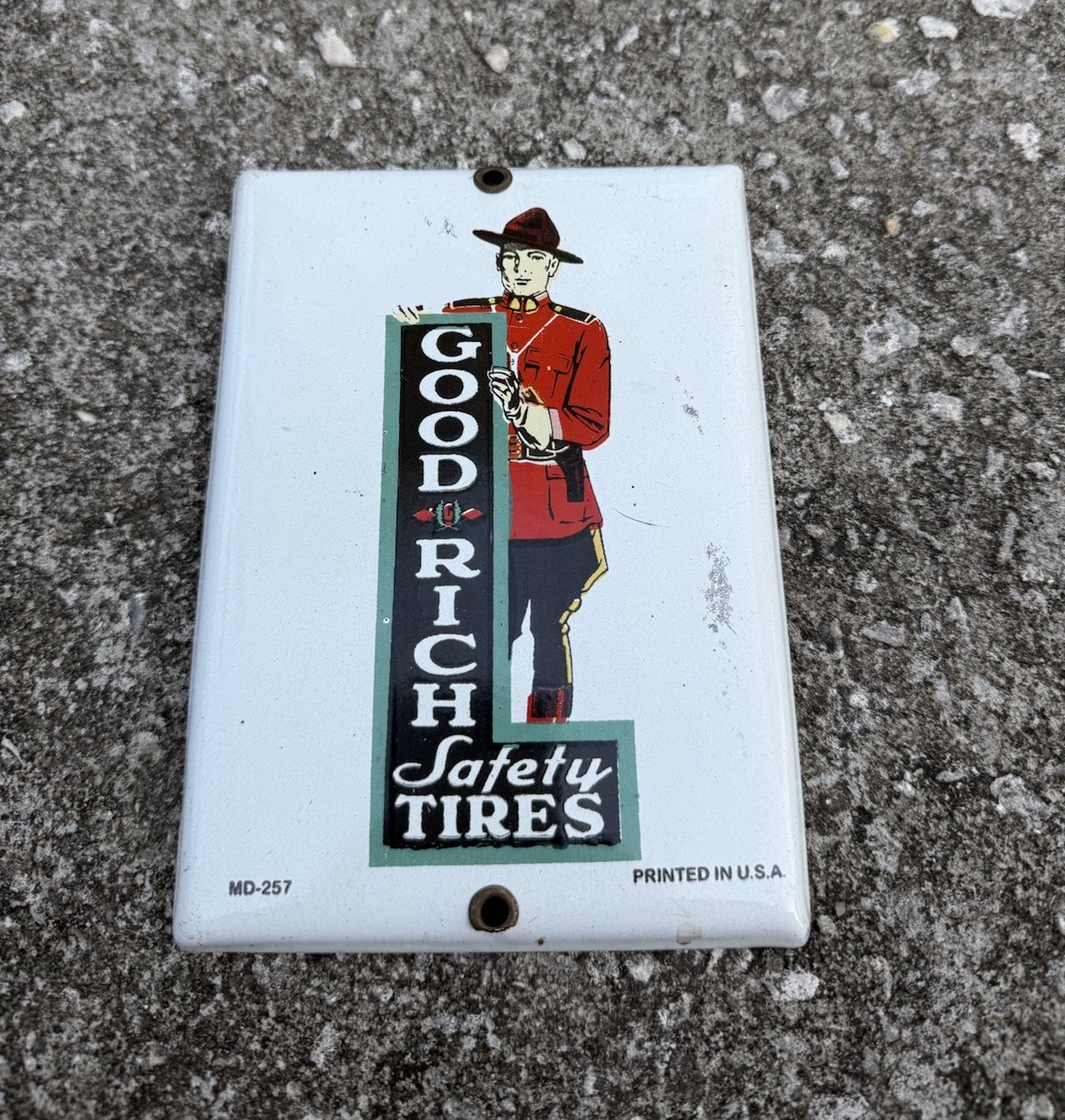 Vintage GOODRICH MOUNTIE SAFETY TIRES SIGN DOMED HEAVY METAL PORCELAIN ENAMEL