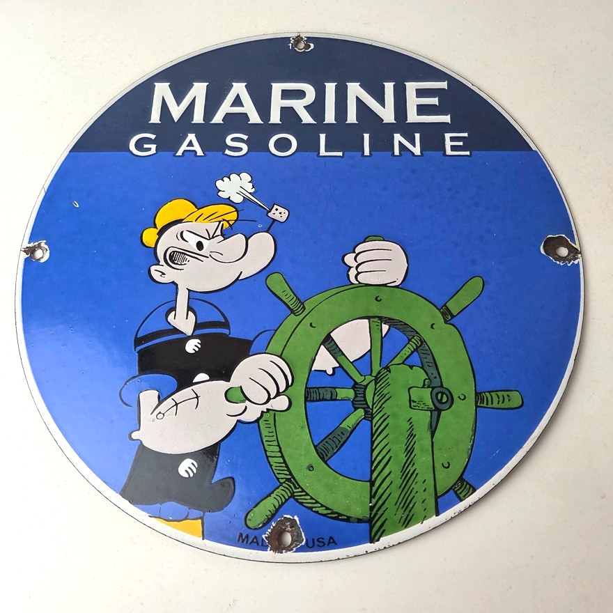 Vintage Marine Gasoline Sign – Popeye Sailor Porcelain Enamel Gas Oil Pump Sign