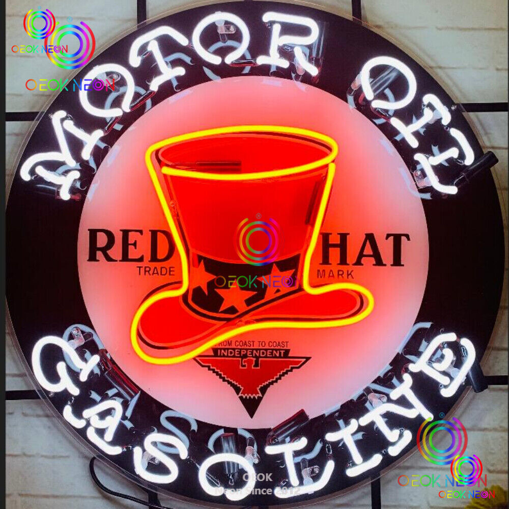 24X24″ Red Hat Gasoline Motor Oil Gas Service Station Real Glass Neon Sign Light