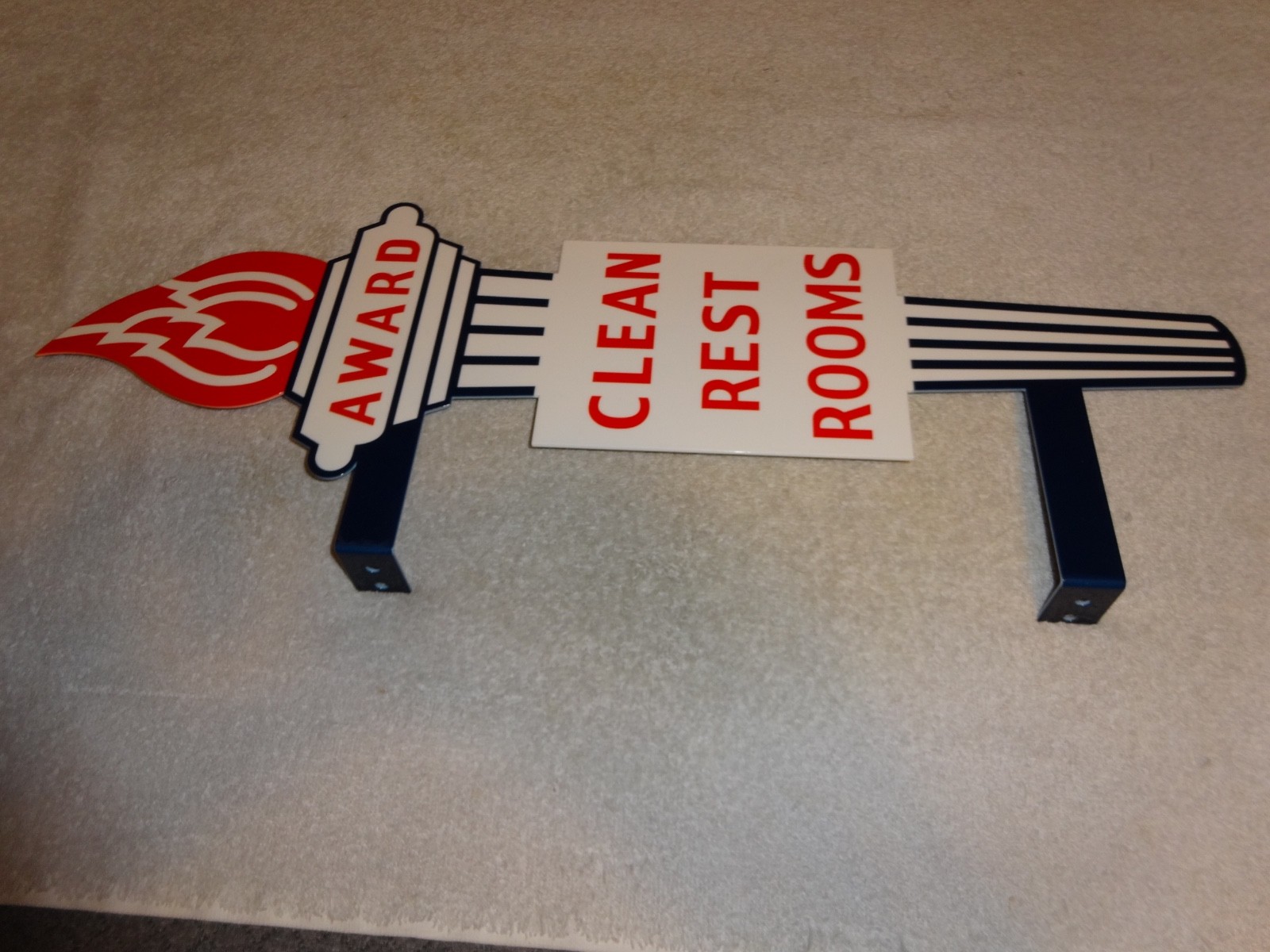 VINTAGE STANDARD GASOLINE TORCH CLEAN RESTROOM HUGE 2′ METAL AWARD BATHROOM SIGN