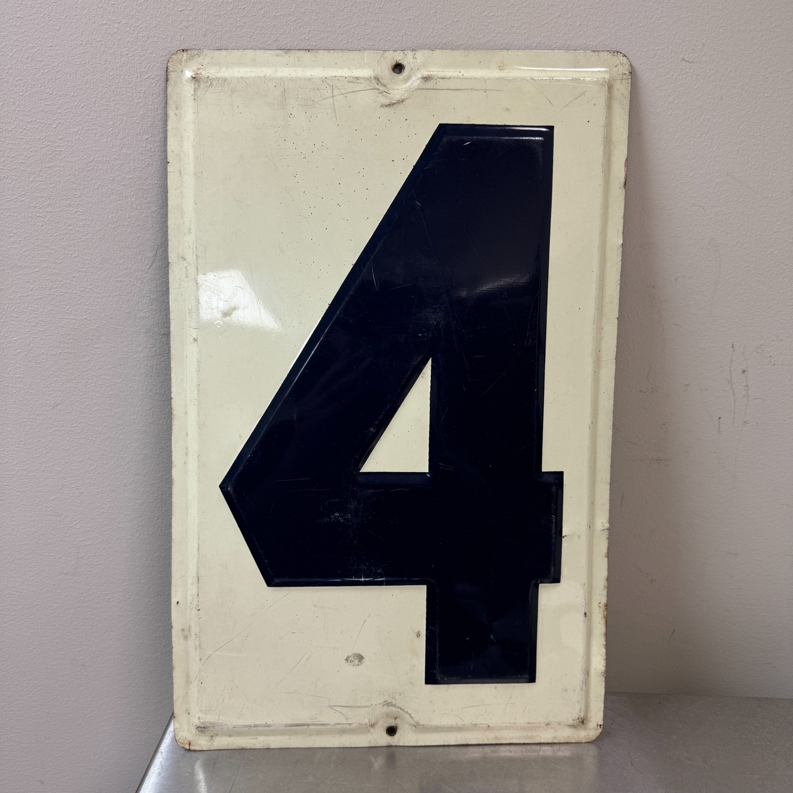 2x Vintage GAS STATION Sign Numbers 4 Blue & White Embossed Metal 20″ x 12.75″