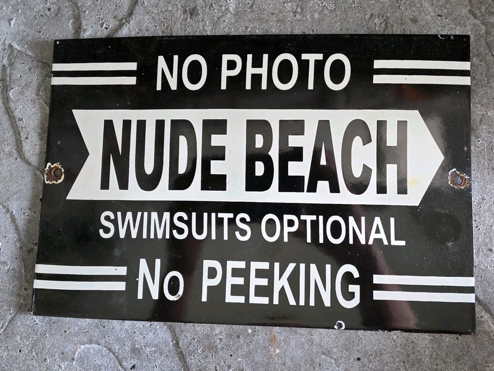 VINTAGE NUDE BEACH PORCELAIN SIGN NO PHOTOS SWIMSUIT OPTIONAL NO PEEKING 12″×8″
