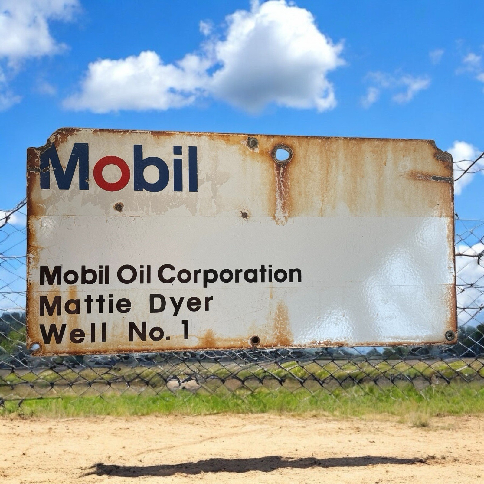 Vintage Porcelain Oil Field Sign MOBIL OIL Mattie Dyer Well No 1 Color 12 x 24