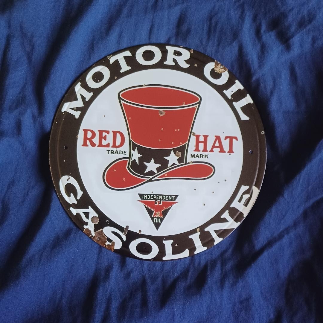 8″ Round Metal Sign Man Cave Wall Art Garage Bar Gas Station Oil Gas Red Hat