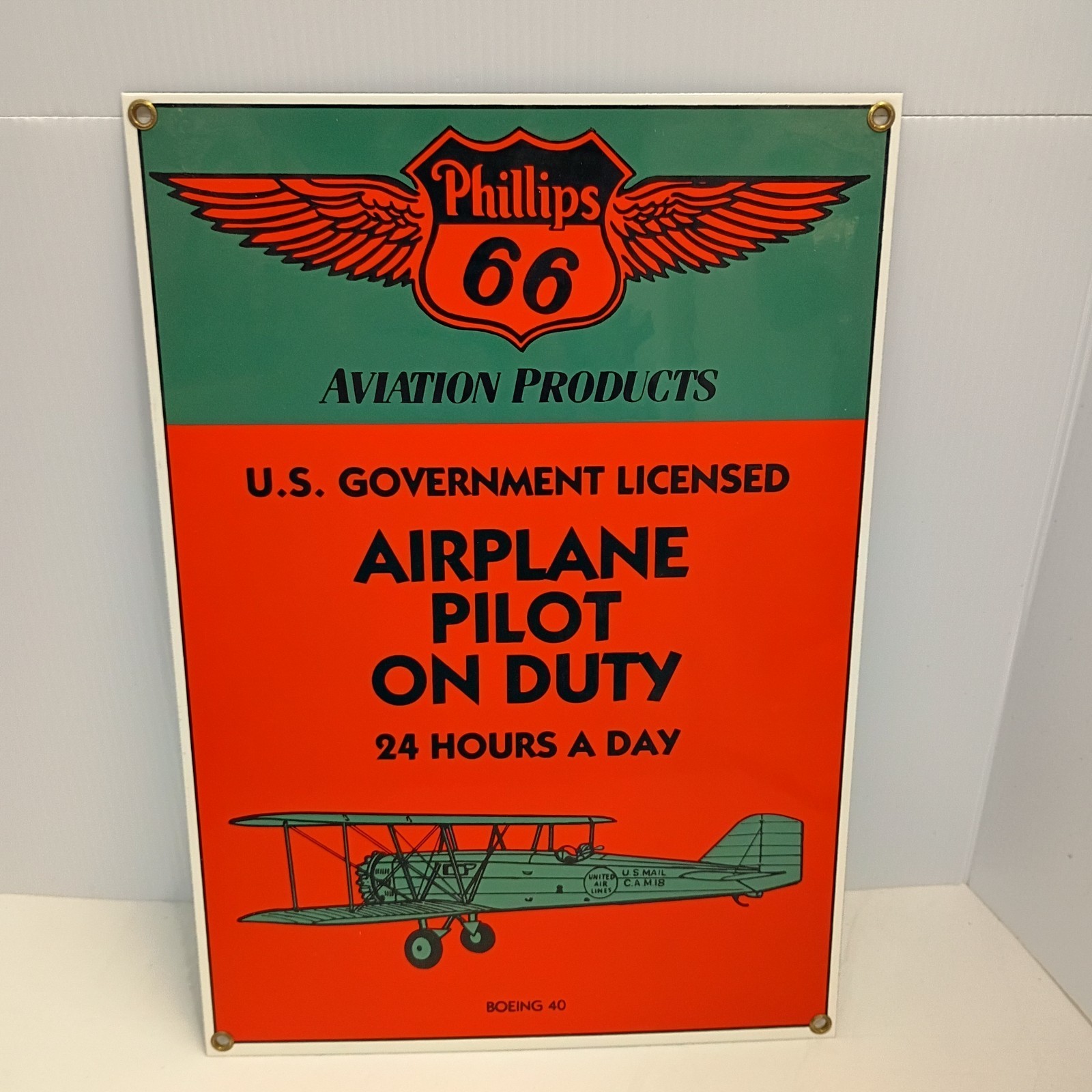 “PHILLIPS 66” AVIATION PRODUCTS, AIRPLANE PILOT ON DUTY SIGN, Reproduction