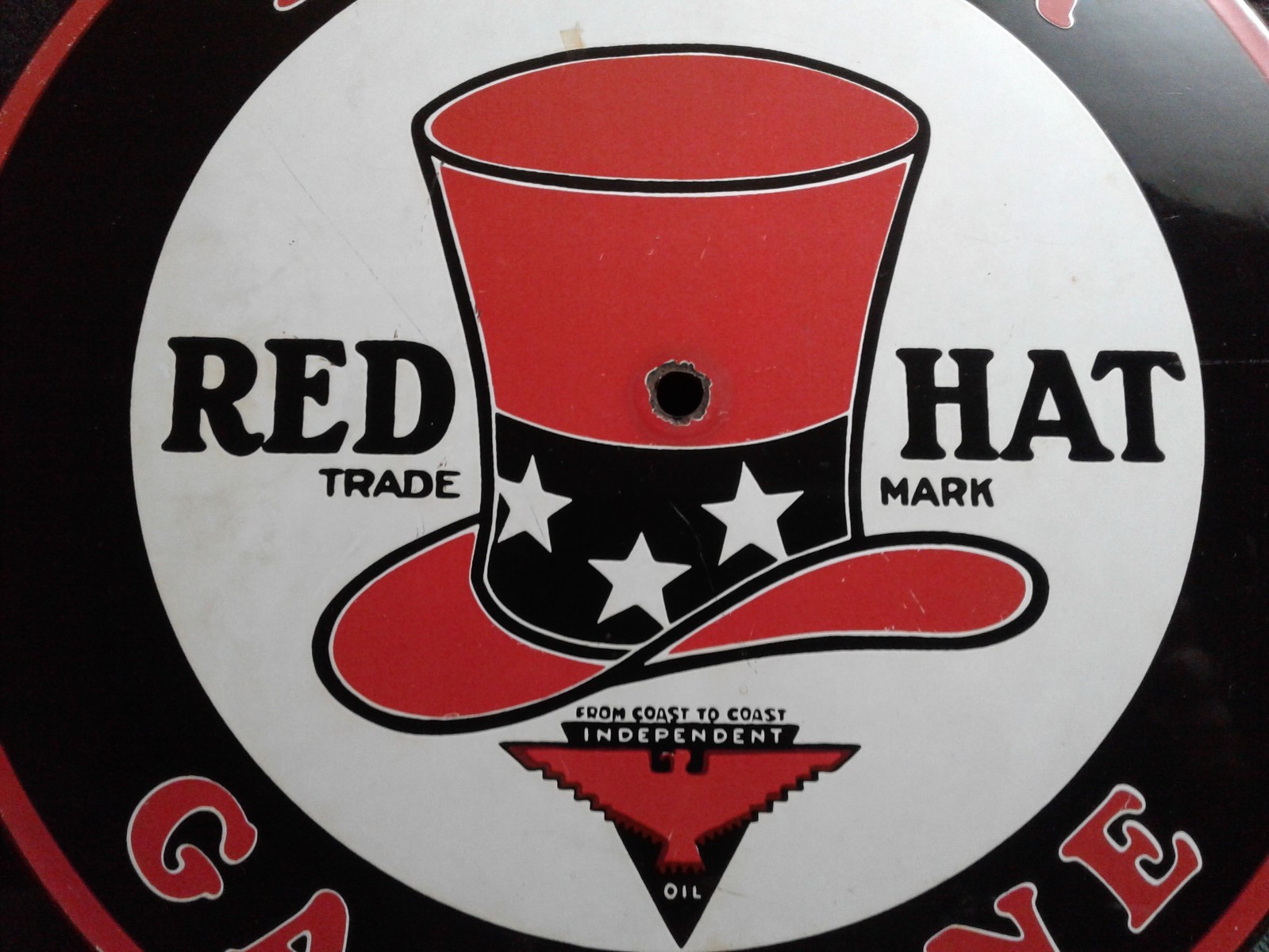 Contemporary Tri- Star Gasoline Red Hat Trade Mark Round Pump Plate Sign 11-1/4″