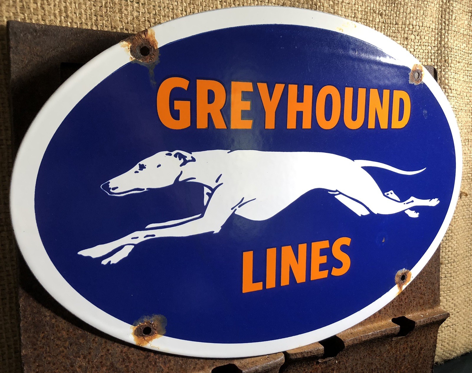 VINTAGE GREYHOUND PORCELAIN GAS BUS LINES TRANSPORTATION AUTO DOG SERVICE SIGN