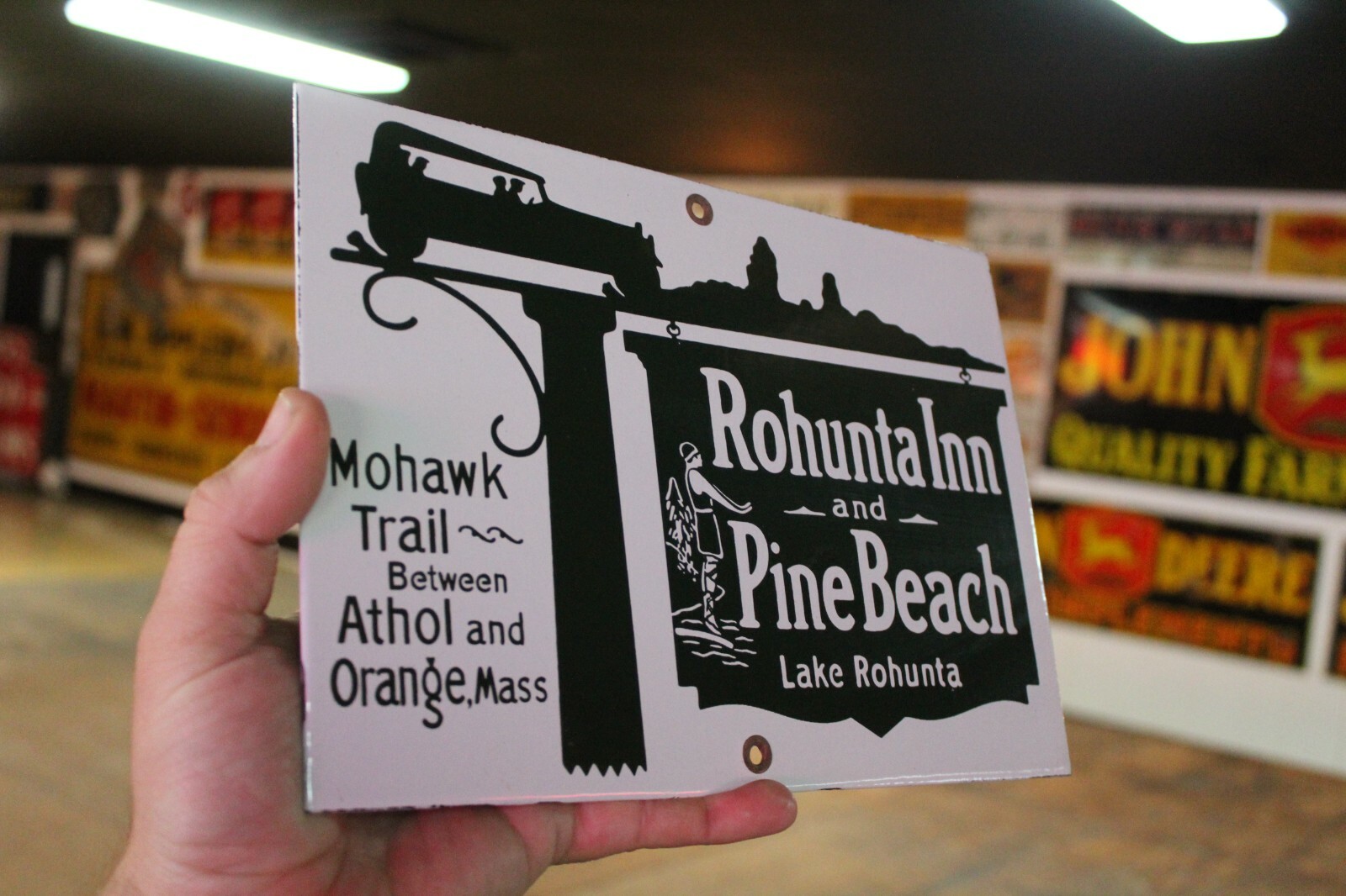 MOHAWK TRAIL PINE BEACH ROHUNTA INN PORCELAIN METAL SIGN MASS GAS OIL CAMPING 66