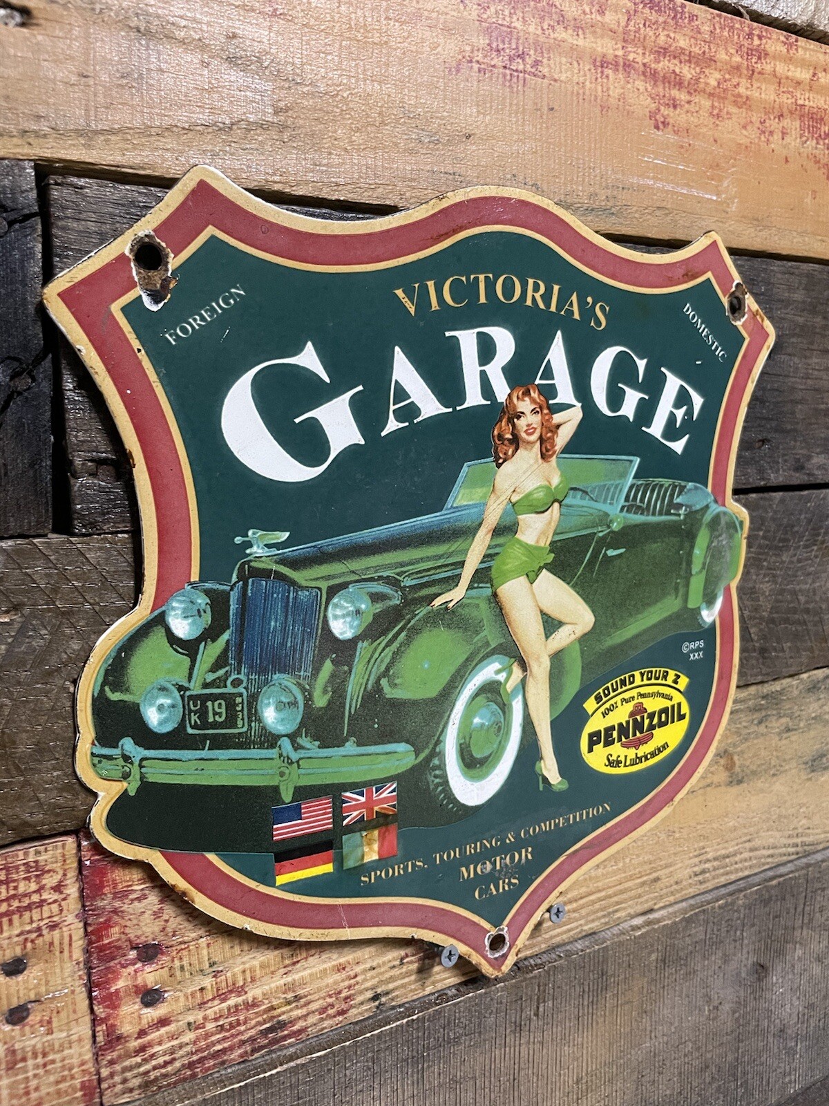 VINTAGE PENNZOIL PORCELAIN SHIELD SIGN VICTORIAS GAS & OIL GARAGE SERVICE WOMAN