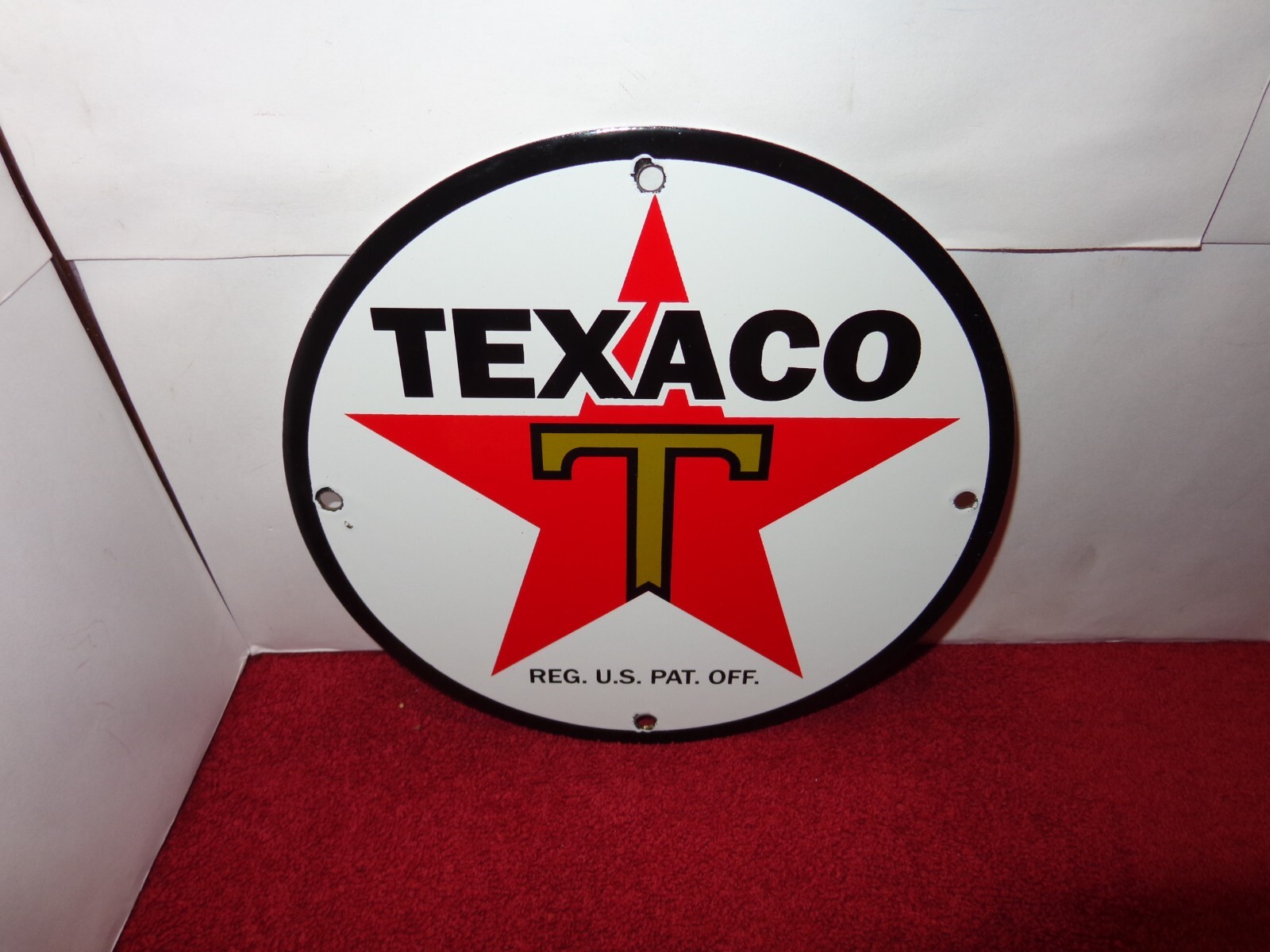 8 3/4 in TEXACO GASOLINE ADVERTISING SIGN HEAVY DIE CUT METAL PORCELAIN – S 280B