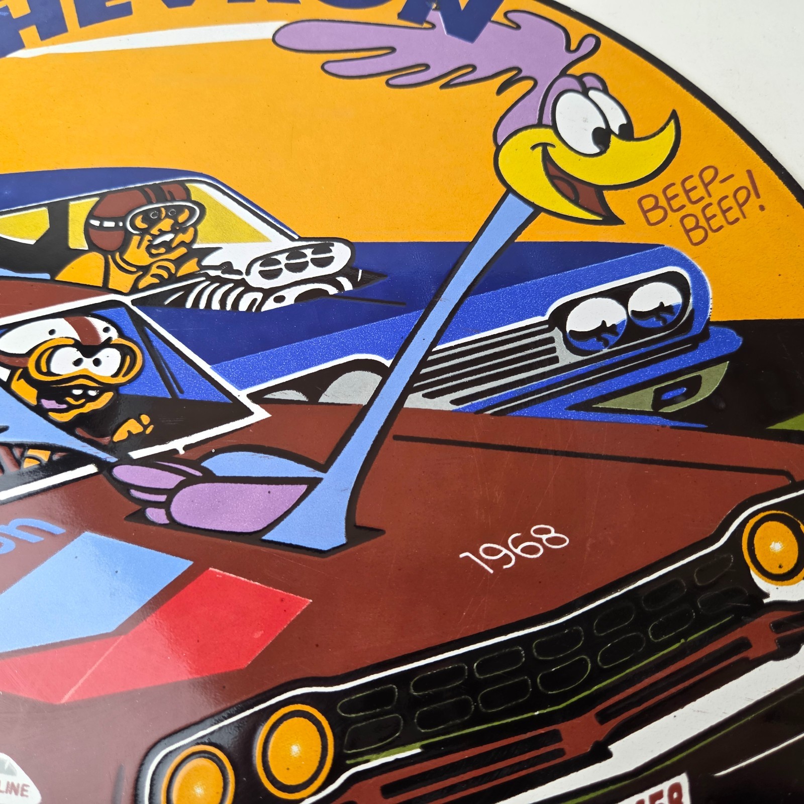 Vintage Chevron Gasoline Sign – Mopar Road Runner Racing Auto Gas Porcelain Sign