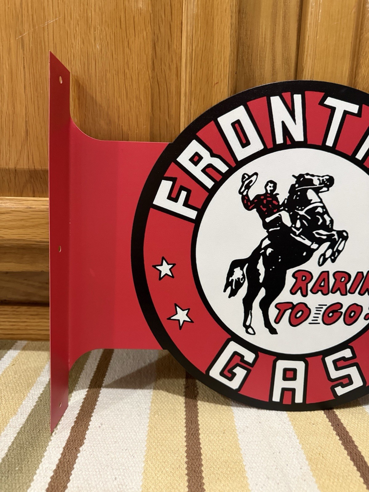 Frontier Gas Oil Flange Sign Sold Here Doubled Sided Vintage Style Wall Decor
