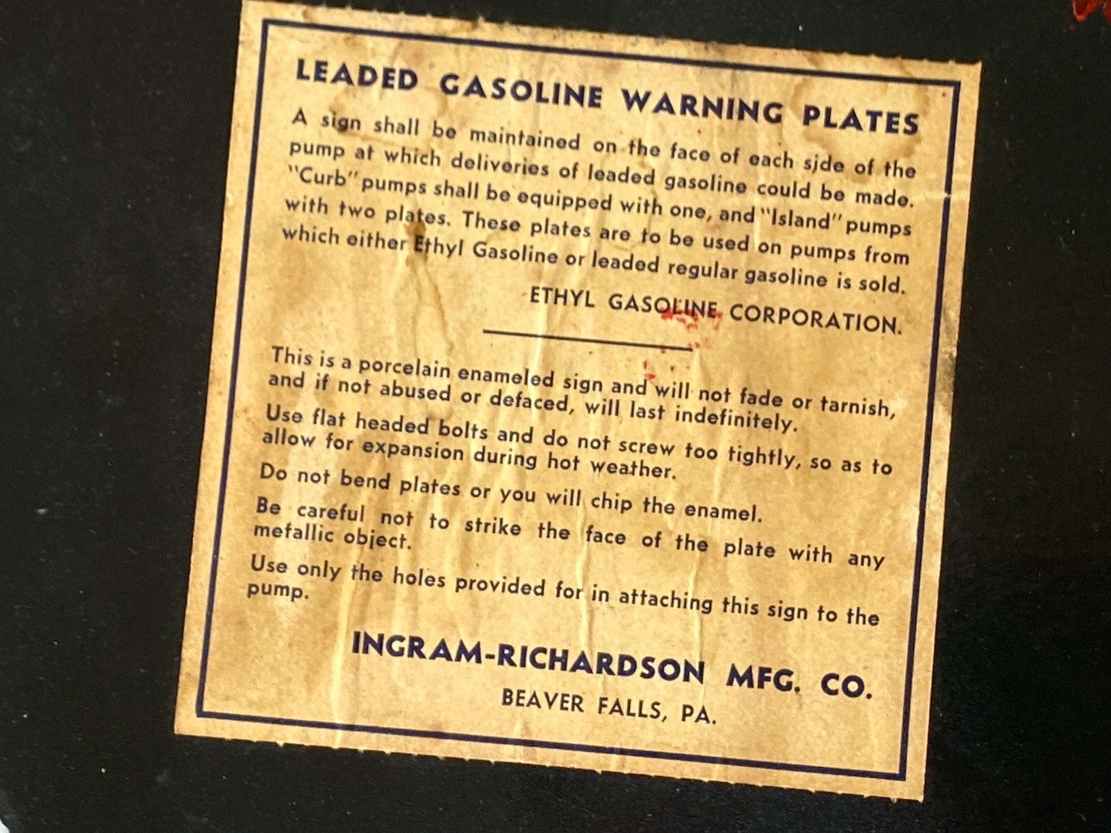 RARE INGRAM-RICHARDSON ORIGINAL LEAD GAS PORCELAIN SIGN~WITH ORIG. LABEL~IN VGC